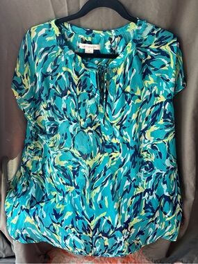 Liz Claiborne Turquoise Navy & Lime Abstract Print Short Sleeve Blouse